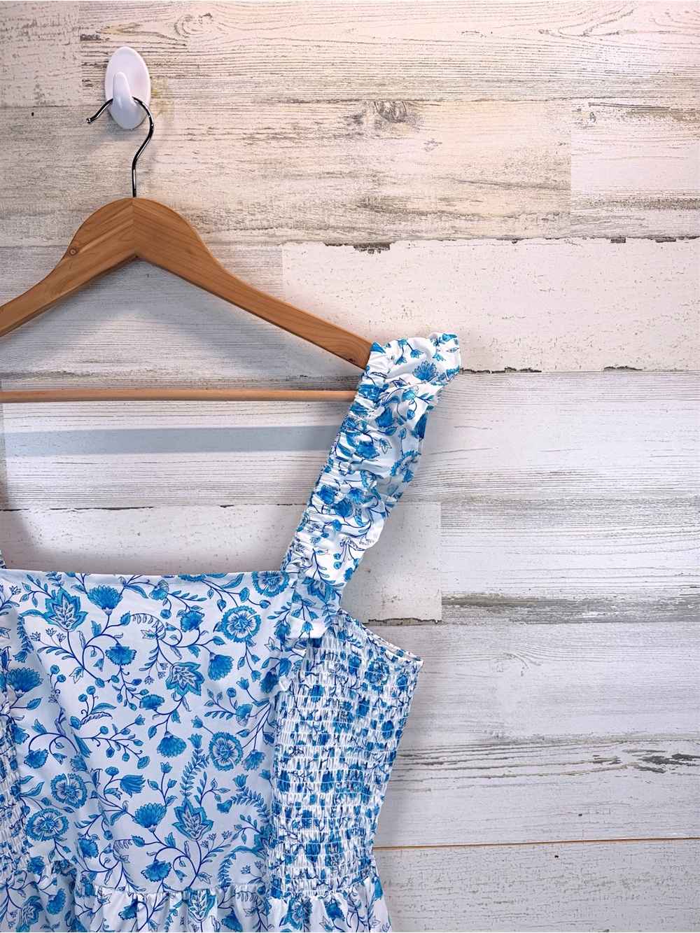 Draper James Blue White Floral Smocked Cotton Midi Dress Coastal Chic Large - Picture 5 of 12